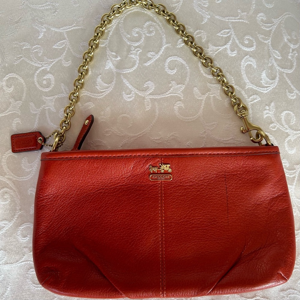Coach Leather pouchette / wristlet Burnt orange color gold tone chain strap